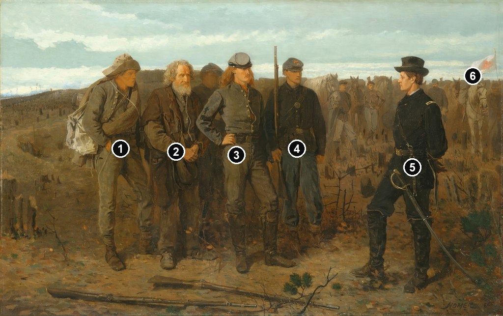 Annotated details from Prisoners from the Front by Winslow Homer